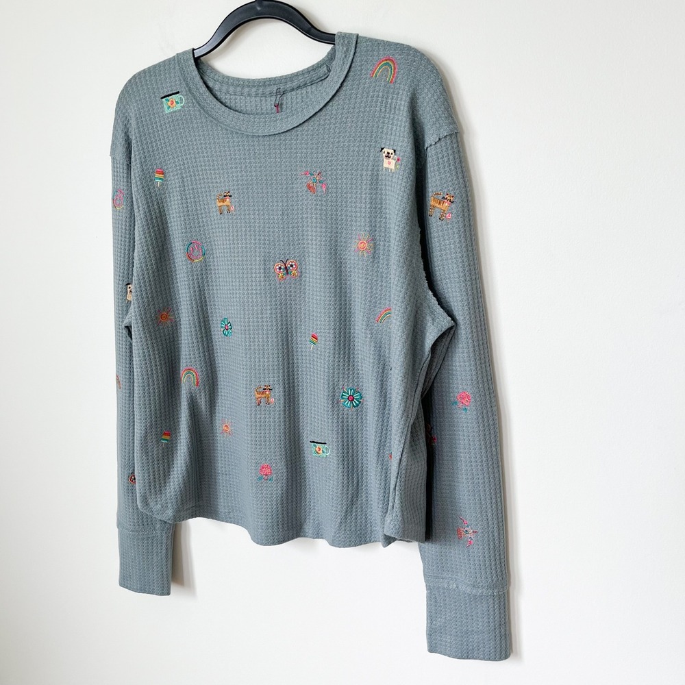 NEW Natural Life Parker Embroidered Thermal Tee Fave Things Womens XL Blue - Picture 3 of 11